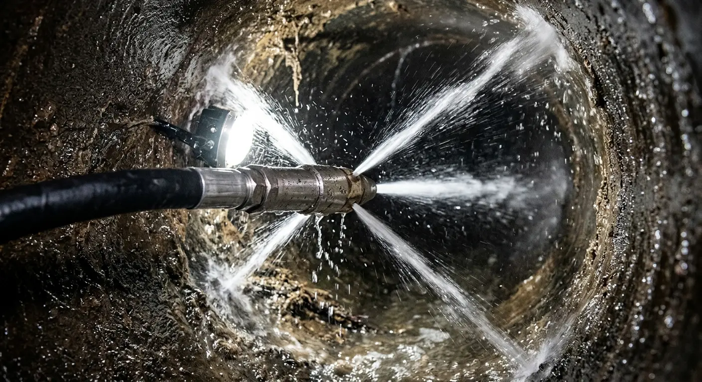 High-pressure hydro jetting nozzle cleaning sewer pipe for Emergency Drain Service in Lake Worth Beach