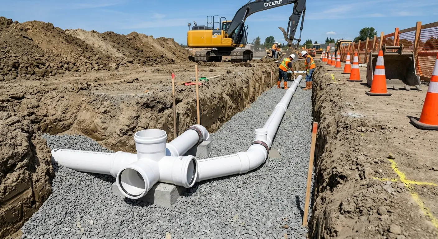 New PVC sewer pipe installation in open trench for Sewer Backup in Lake Worth Beach