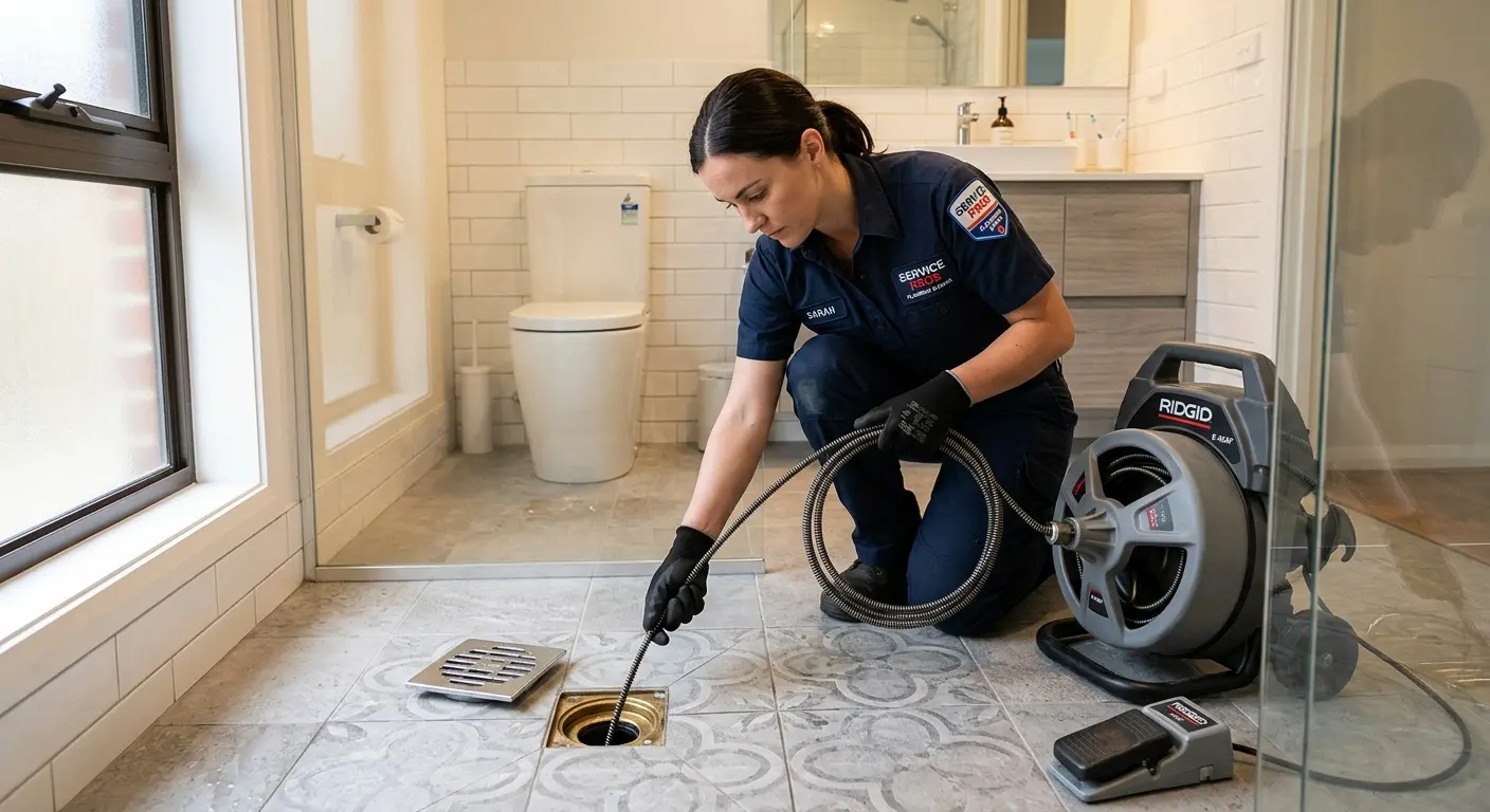 Technician clearing a bathroom floor drain for Sewer Line Replacement in Lake Worth Beach